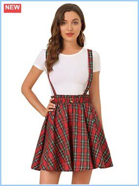 Women Plaid Pleated Mini Overall Skater Skirt Detachable Suspenders